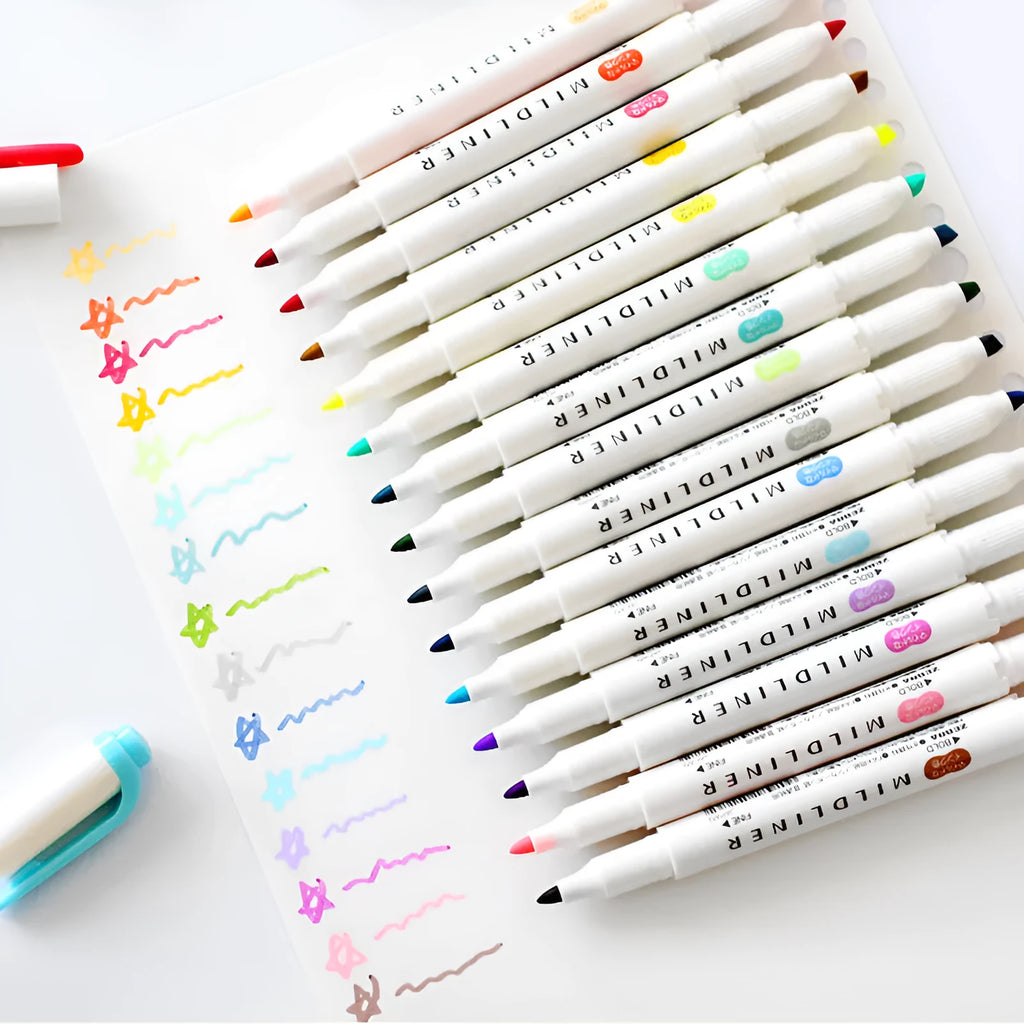 Double-headed non-erasable colour marker pen with water-based ink in 15 colours including fluorescent