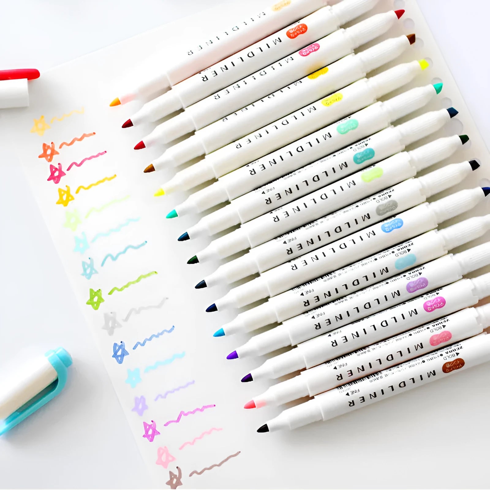 Double-headed non-erasable colour marker pen with water-based ink in 15 colours including fluorescent