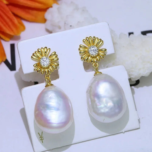 Baroque S925 sterling silver flower earrings with matching ring holder in gold and silver options