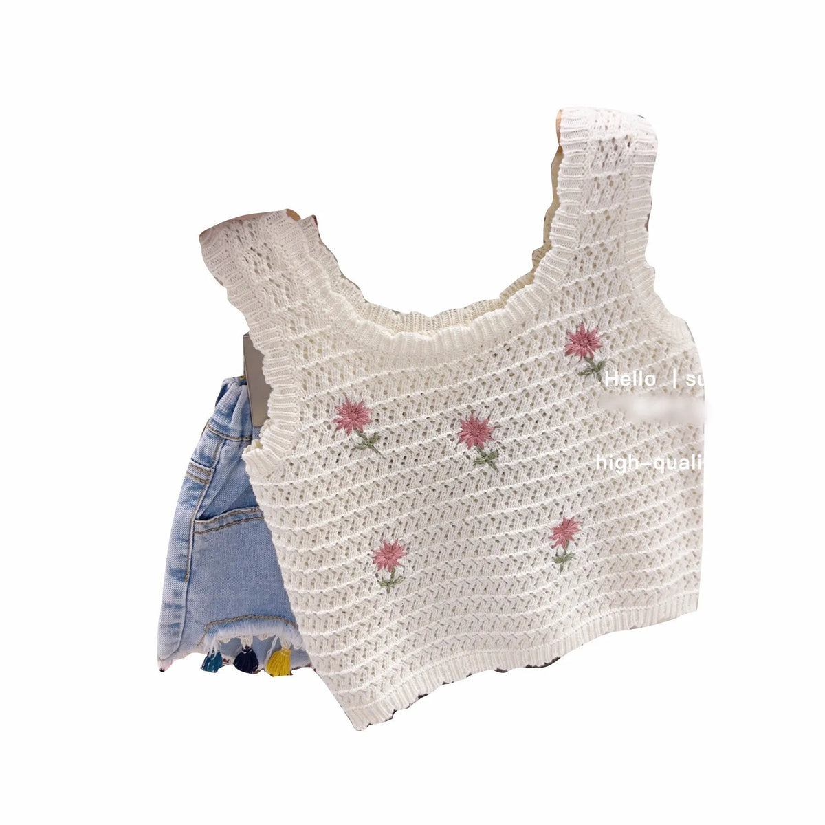 Baby girl hollow strap cotton vest and pants set in solid colour beige, pullover Korean style