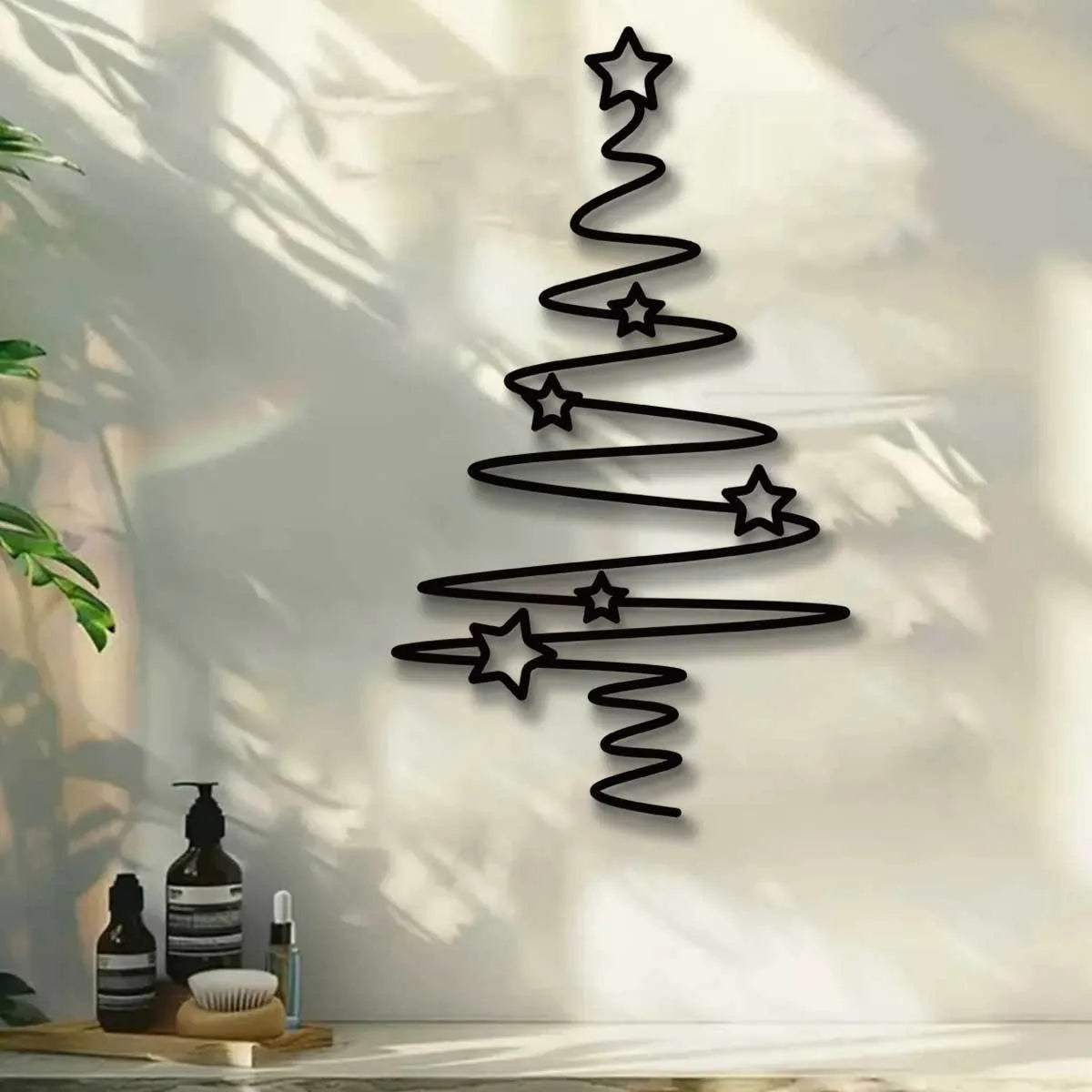 Black wrought iron Christmas tree line wall decoration, 30cm, for bedroom living room or door hanging