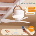 Rechargeable camping tent ceiling fan with remote control and night light on a 3-metre wire bracket.