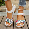 White women's casual sandals with high heel, Velcro buckle straps, and rubber sole.