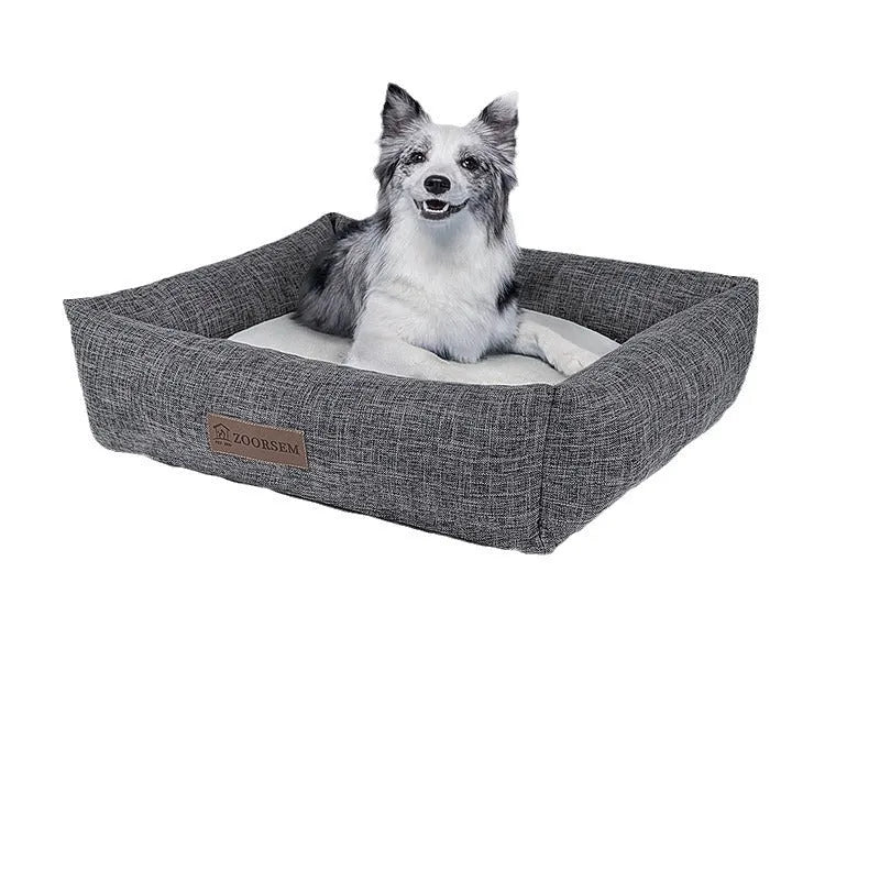 A square grey and brown plaid linen dog bed for winter, shown in an extra large 80x60cm size.
