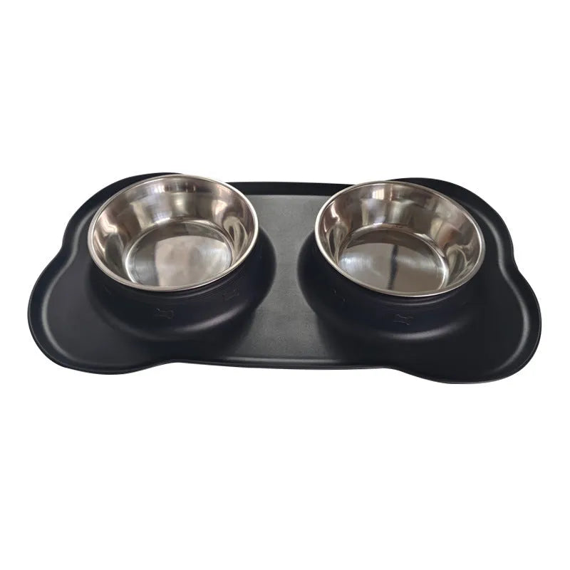 Large silicone double dog bowl with stainless steel inserts in blue colour