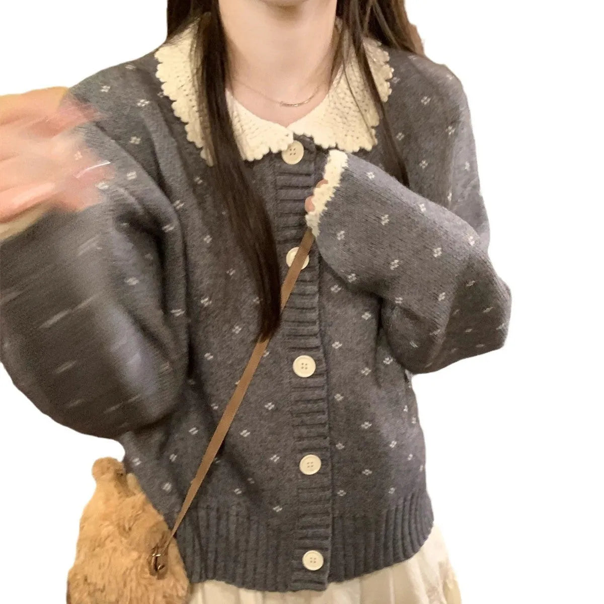 Retro Peter Pan collar floral knitted cardigan coat in casual style