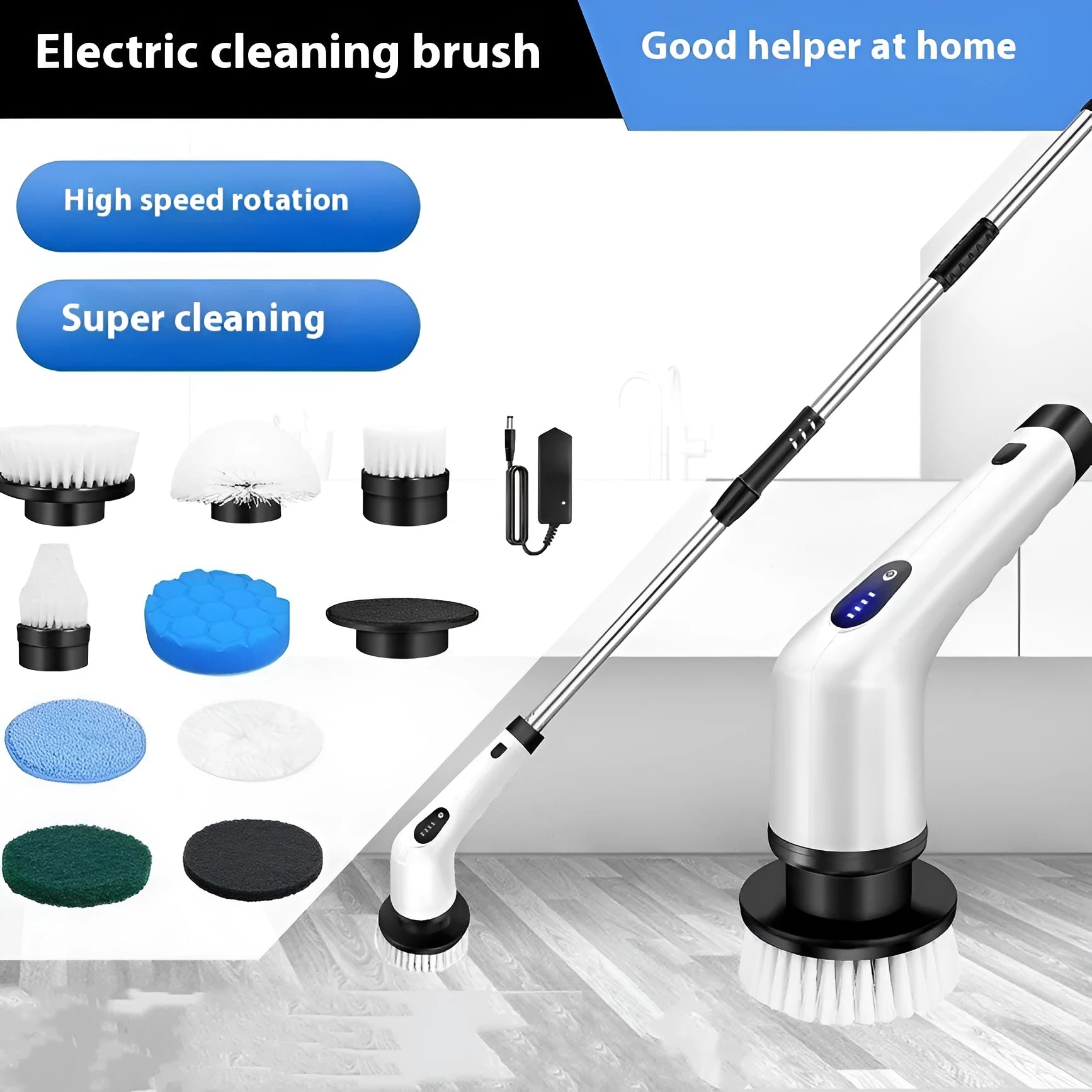 White handheld shower cleaning brush with multiple standard nozzle attachments and USB charging cable