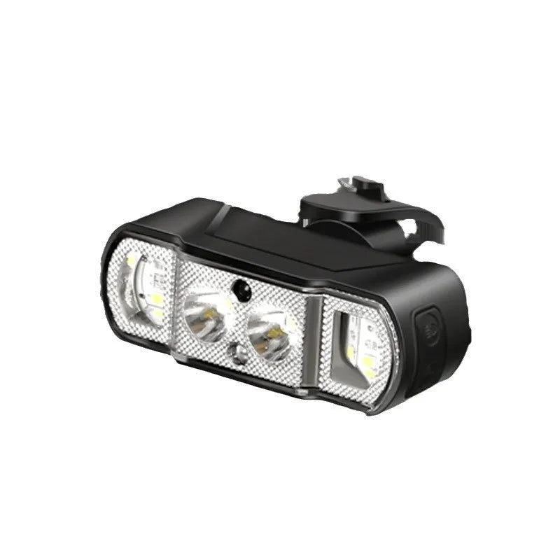 Black bicycle headlight with LED beads, showing 18650 battery compartment