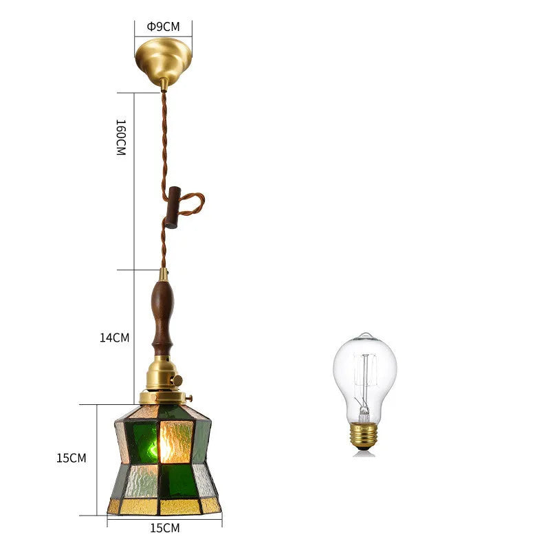 Japanese retro brass and glass chandelier with hand-blown shades and walnut ceiling plate