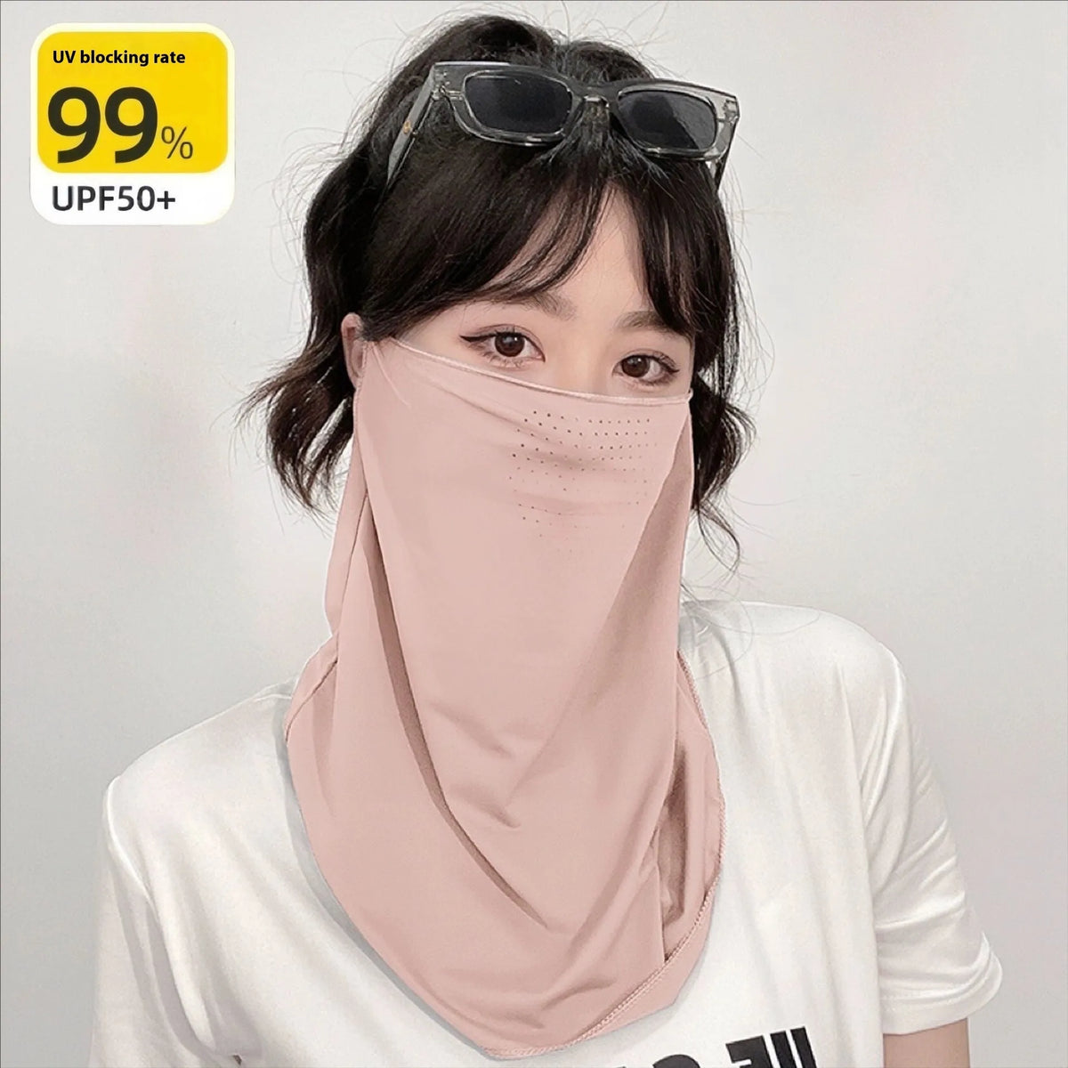 Outdoor cycling face mask in black, white, grey, or pink with UPF50 and breathable nylon half-cover design.