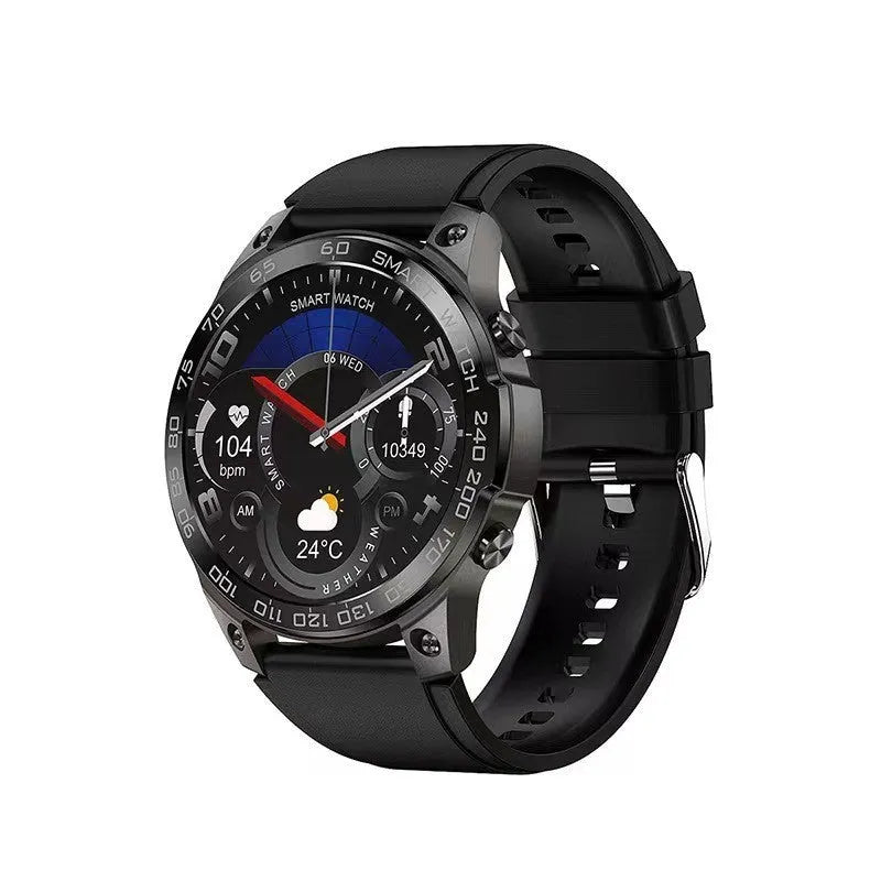 Round Bluetooth sports watch with AMOLED always-on display and silicone strap on a wrist.