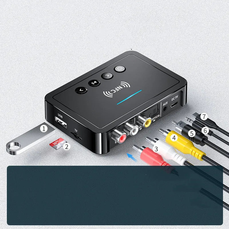 NFC Bluetooth 5.0 audio receiver adapter with multiple cables and interfaces, 10m range