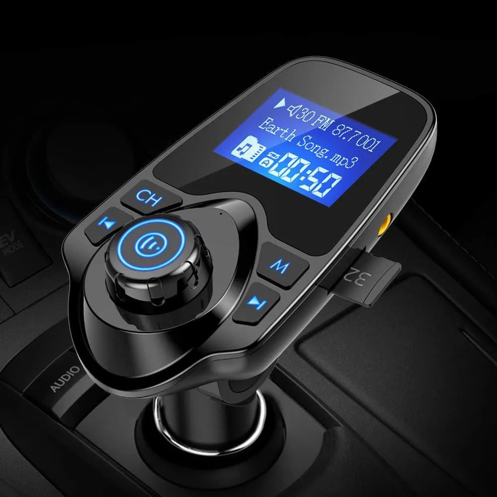 Car FM transmitter with 1.3-inch monochrome screen, AUX interface, ABS body, and 12-24V power supply