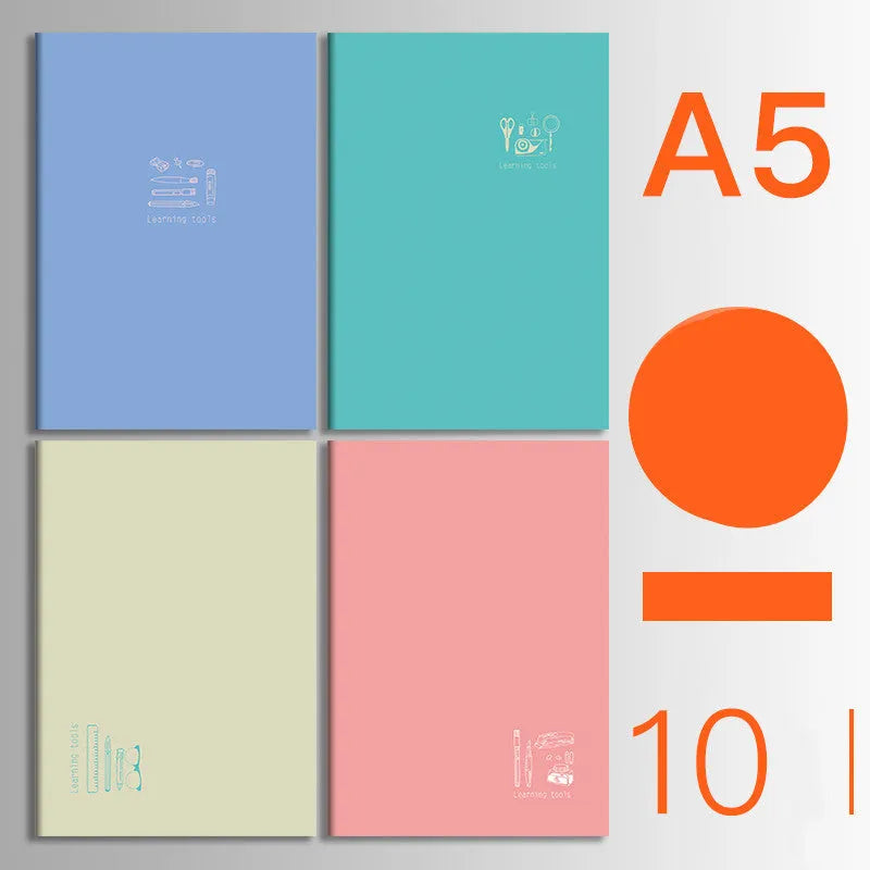 Pack of 10 A5 and B5 soft cover kraft paper notebooks with various designs, showing thread binding.