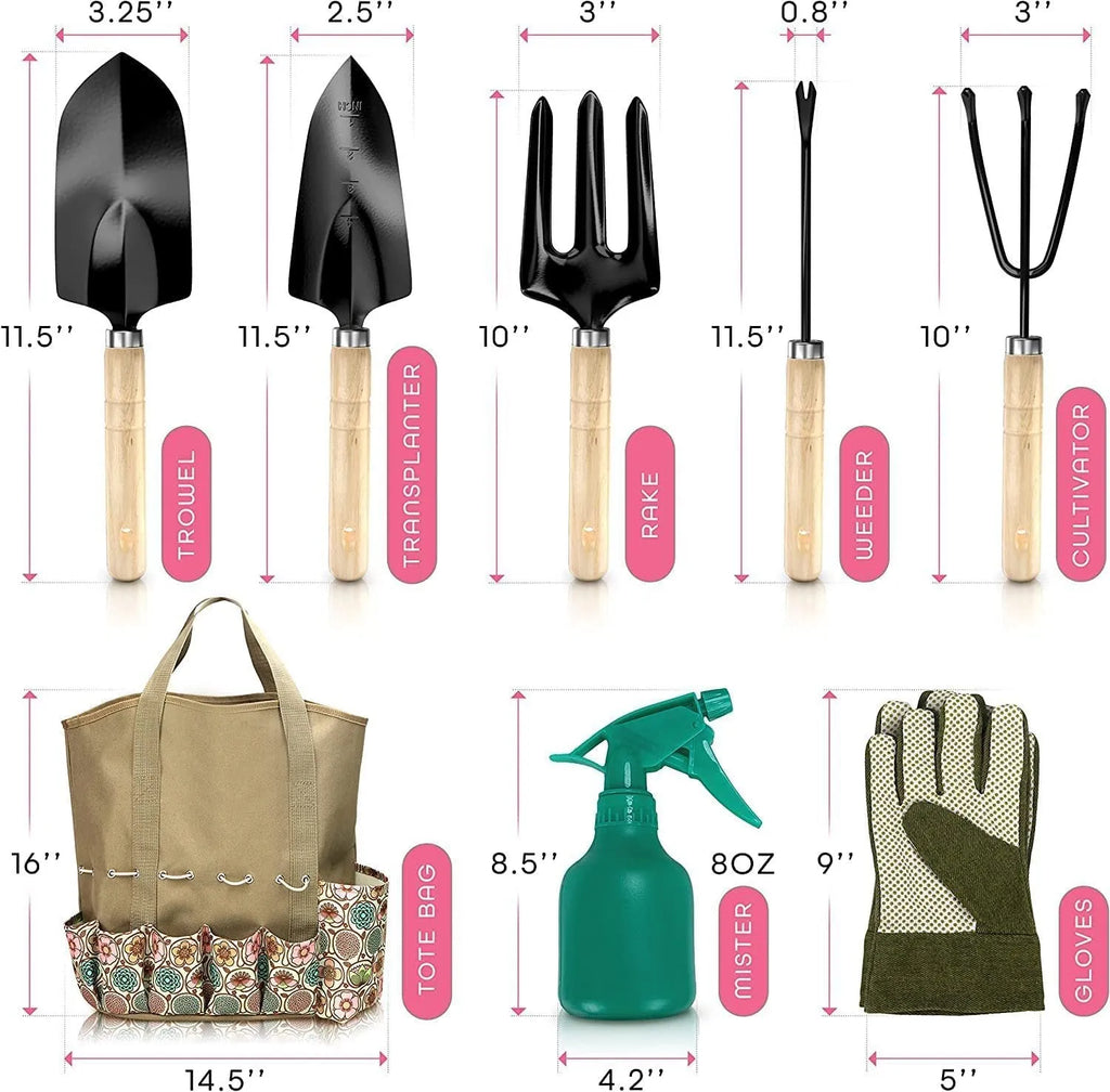 Eight stainless steel gardening tools including trowel, cultivator, and transplanting tools