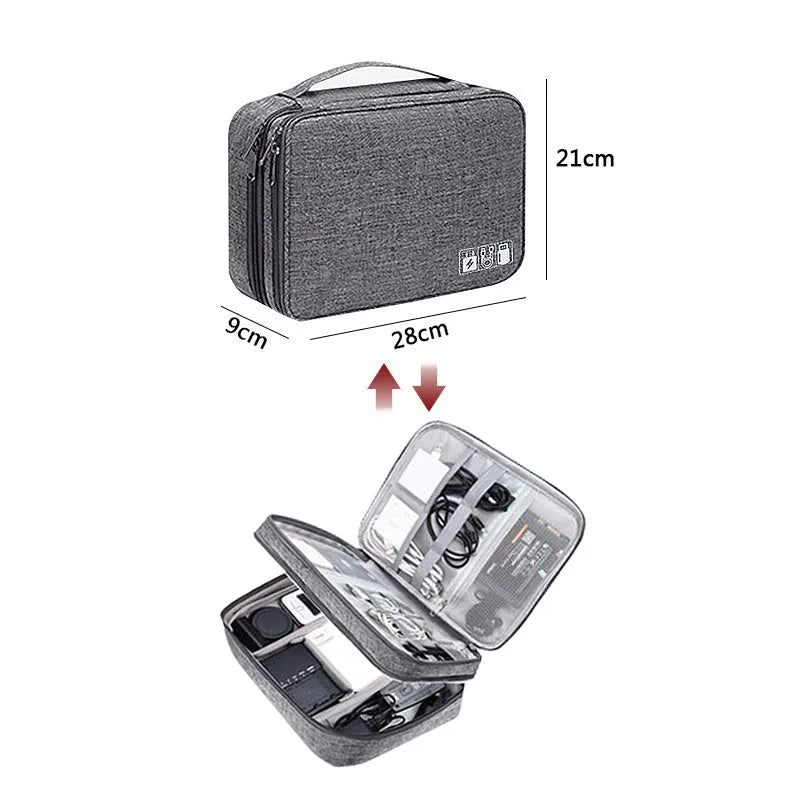 Grey waterproof double-layer travel cable organizer bag with portable handle and multiple pockets