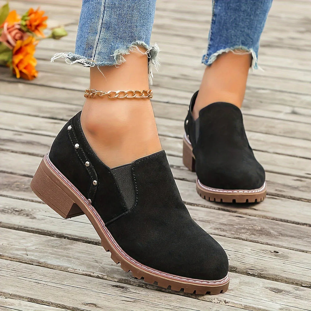 Plus size women's suede ankle boots with elastic band and chunky rubber sole in light brown