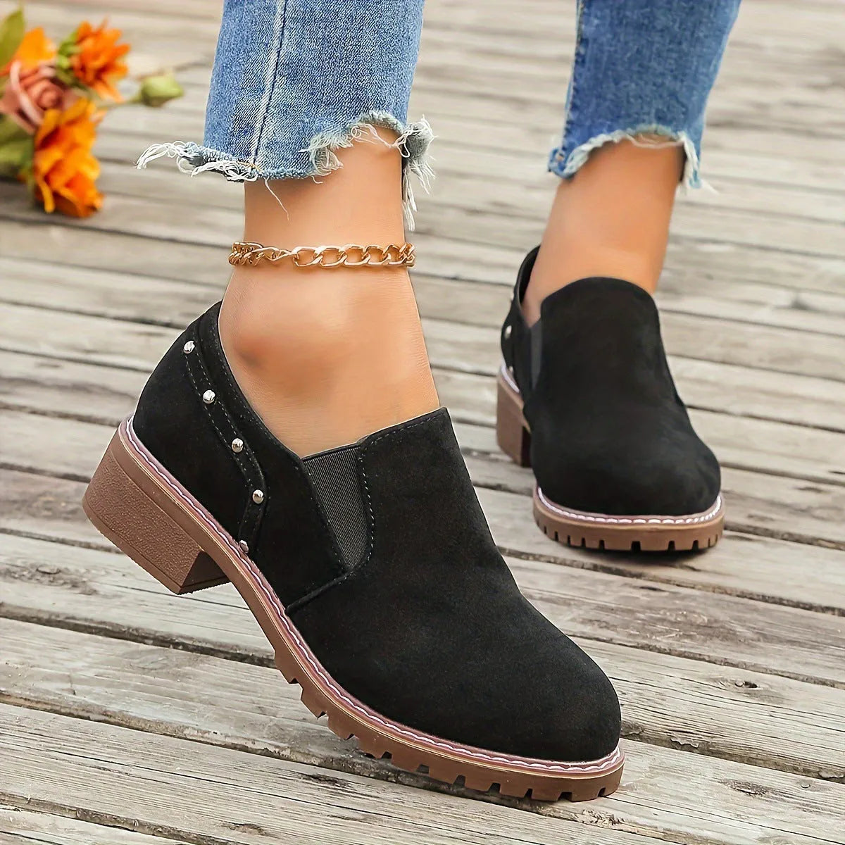 Plus size women's suede ankle boots with elastic band and chunky rubber sole in light brown