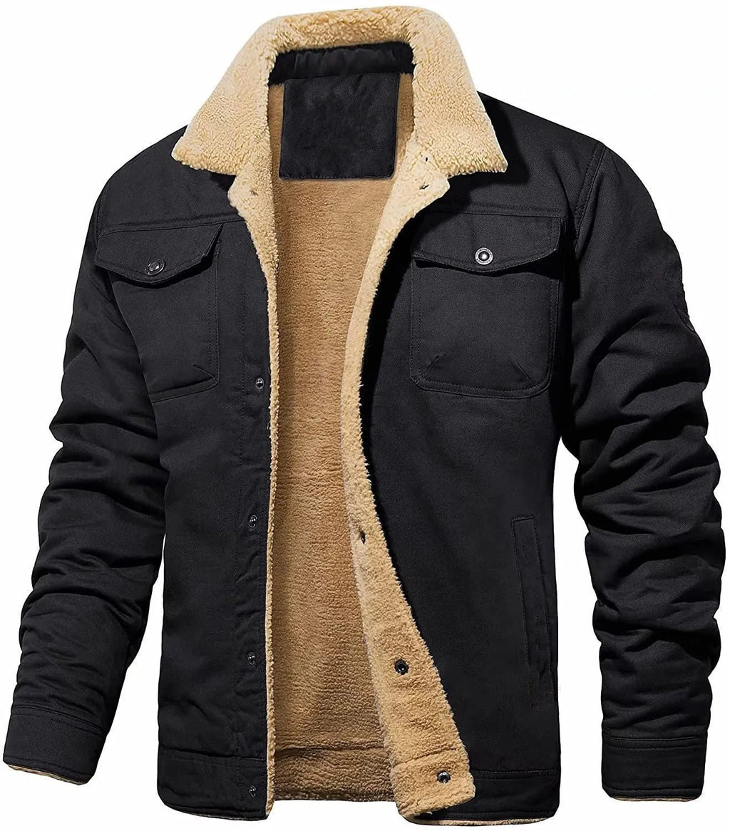 Men's cotton fleece-lined mid-length overalls jacket in khaki with patch pockets and straight hem