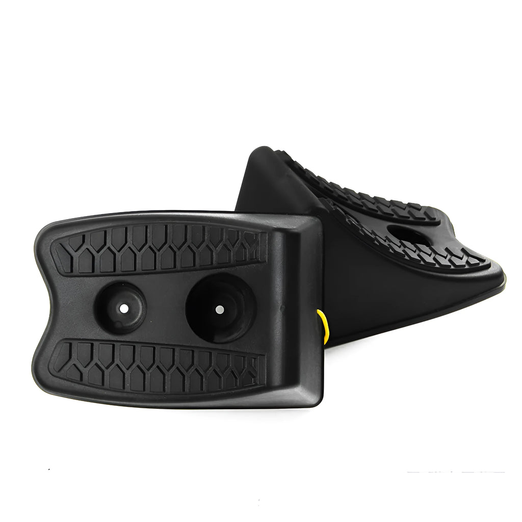 Pair of black wedge-shaped rubber car wheel stoppers with arc bevel and anti-slip base