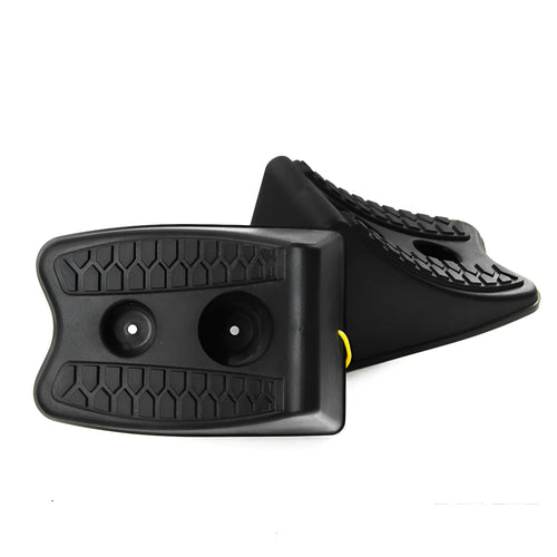 Pair of black wedge-shaped rubber car wheel stoppers with arc bevel and anti-slip base