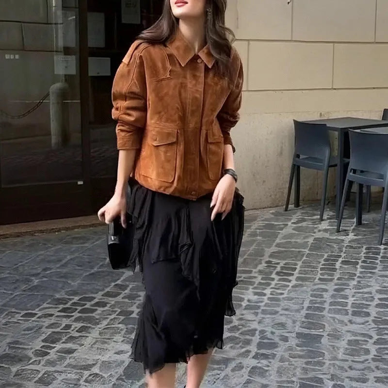 Women's brown suede-effect polyester coat with regular sleeves on a hanger