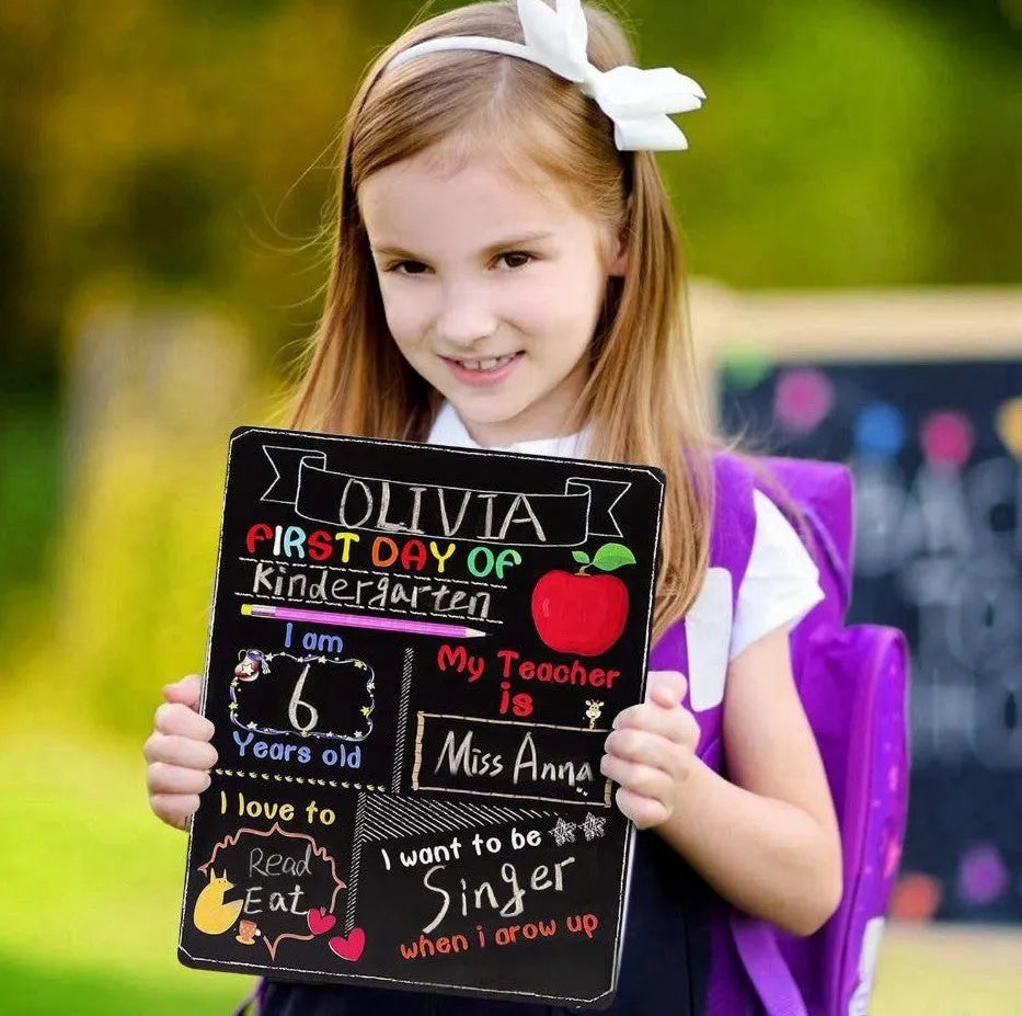 Modern wooden blackboard sign for first day of school, 25.5 by 30 centimetres.