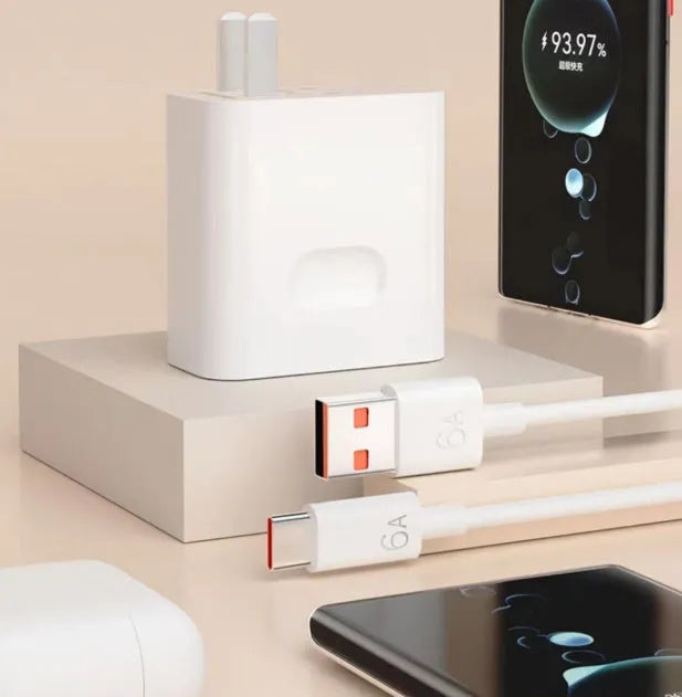 White USB Type-C super fast charger with 66W 120W output and Type-C cable for phones