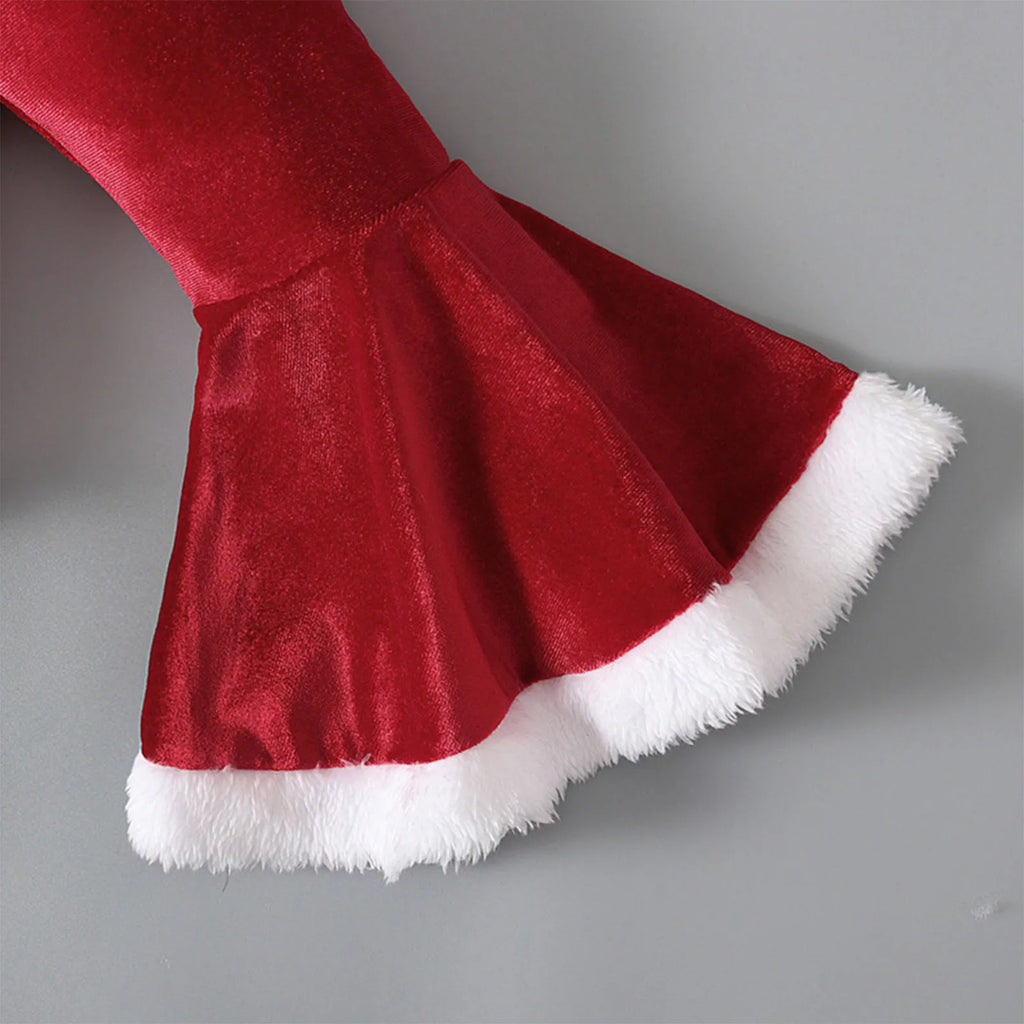 Red Korean velvet children's Christmas three-piece set with shirt, bell bottoms, and hat on display