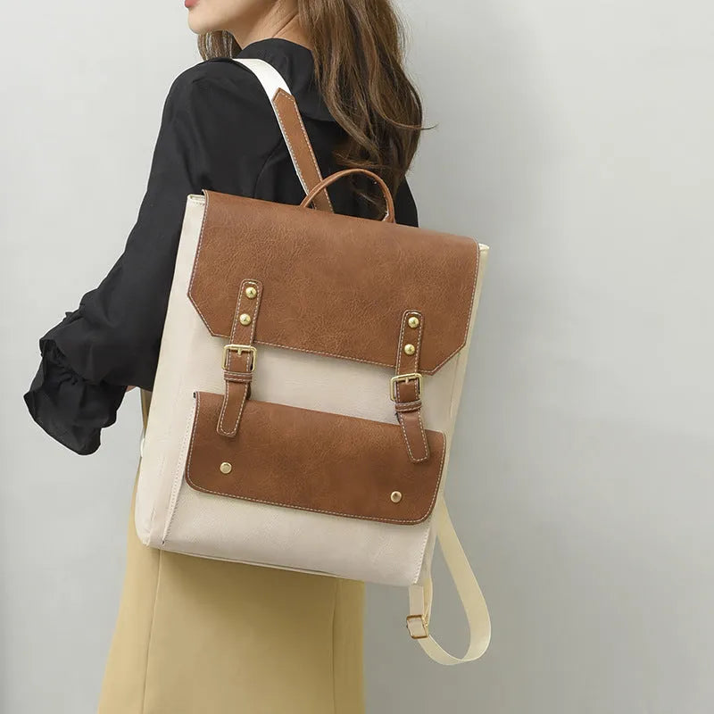 Korean retro style simple backpack in soft PU material shown in brown colour.
