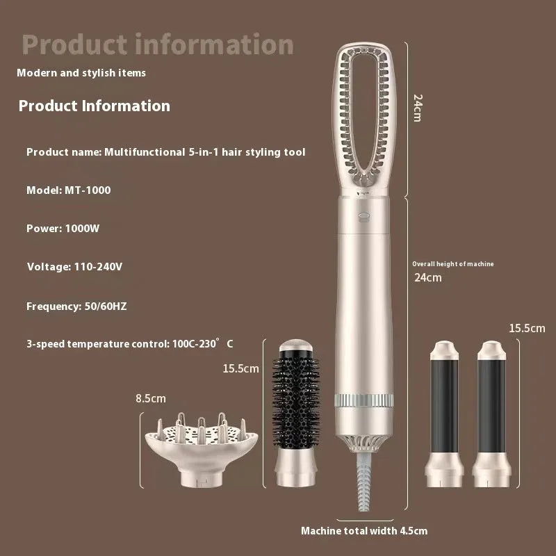 Champagne Gold five-in-one hot air comb hair curler with multiple styling attachments
