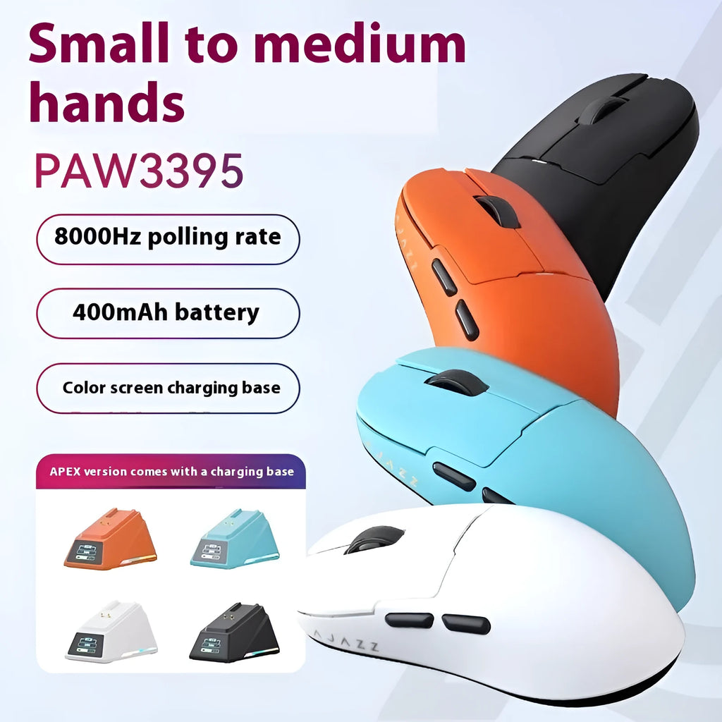 AJ159 gaming mouse in various colours showing compact design with Teflon feet.
