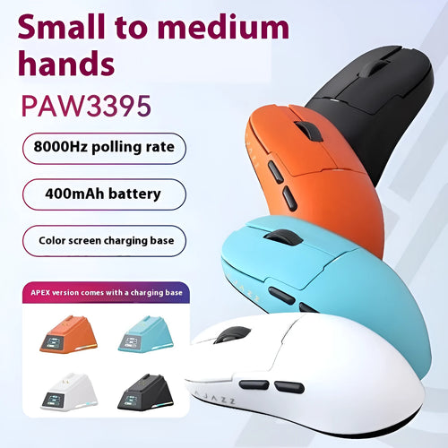 AJ159 gaming mouse in various colours showing compact design with Teflon feet.