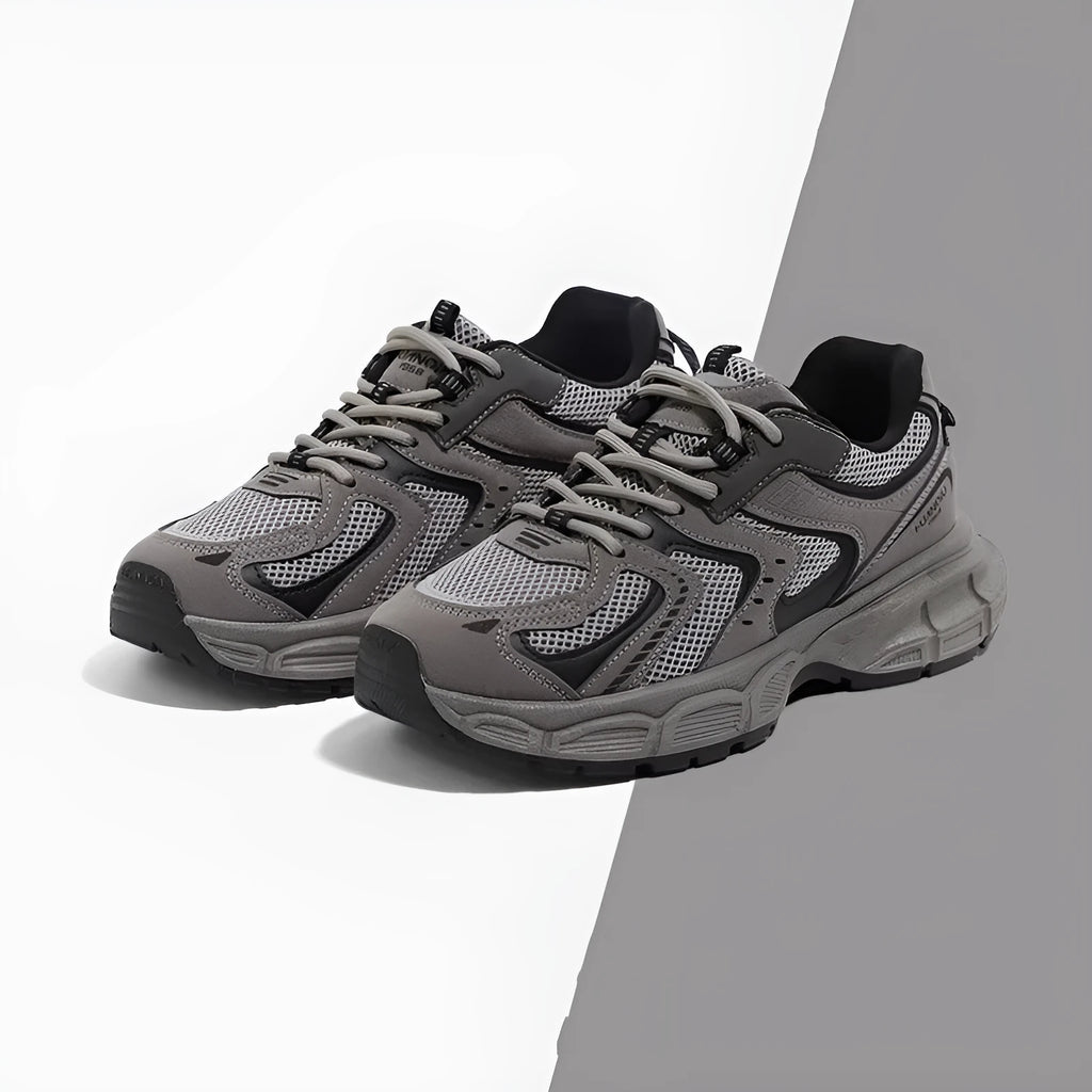 Men's low-top platform casual sneaker dad shoes with EVA sole and leather stitching on PU mesh upper