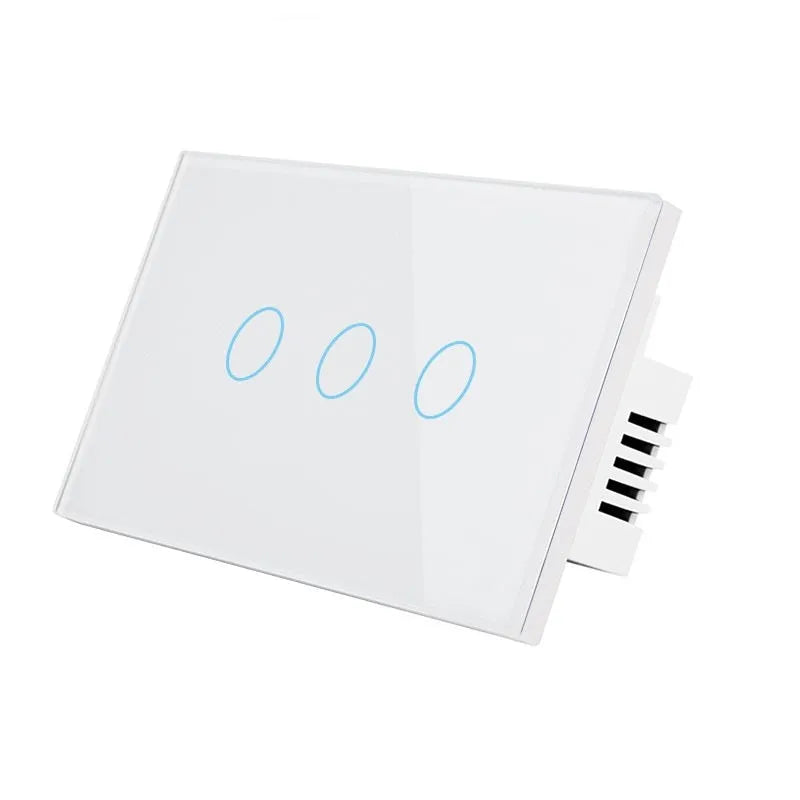 White 2-gang RF touch light switch with tempered glass panel and blue LED indicator.