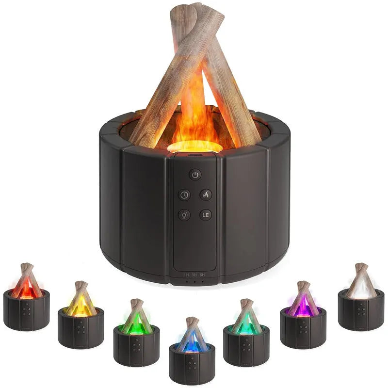 Simulated flame aromatherapy humidifier on a desk with USB cable and remote control