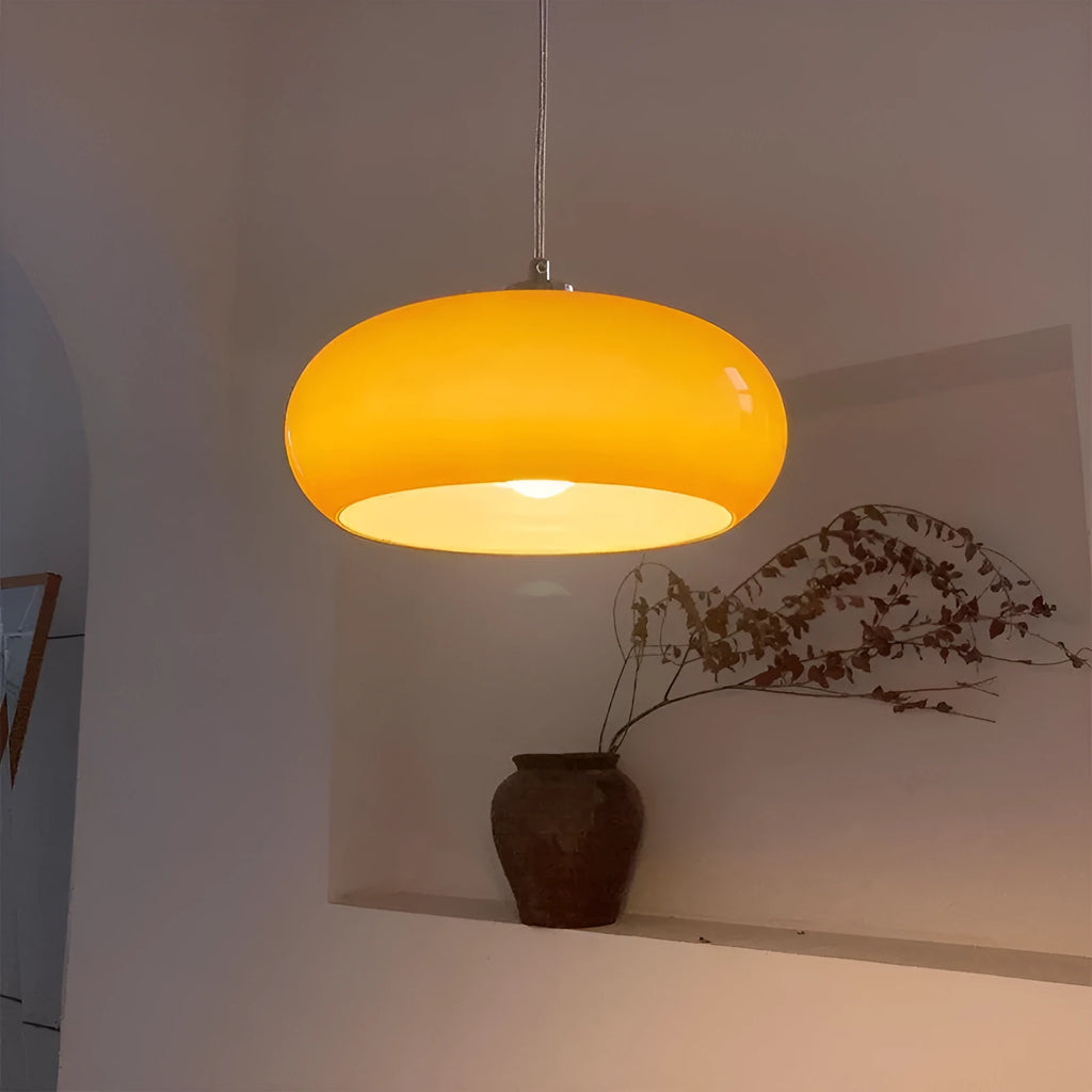 Milk white Bauhaus pendant light with three egg tart-shaped glass shades for bedroom or dining room