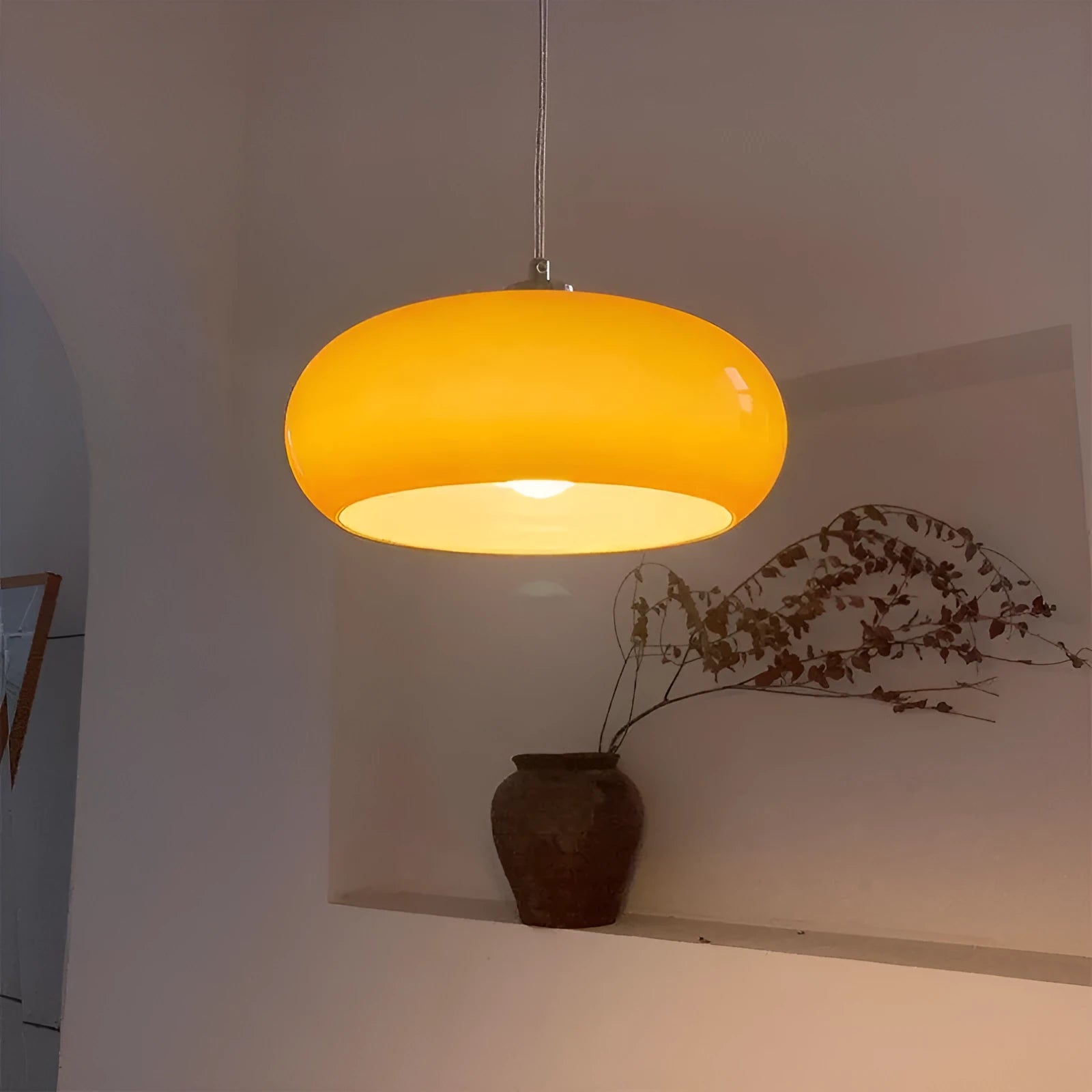 Milk white Bauhaus pendant light with three egg tart-shaped glass shades for bedroom or dining room
