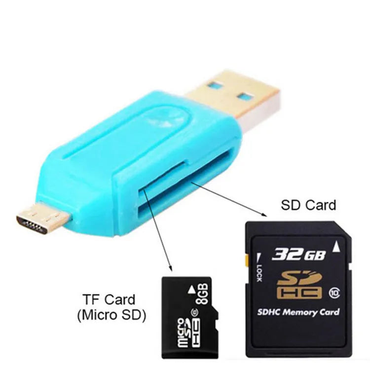 White OTG card reader with Micro USB connector for Android phones and computers, reading SD and TF memory cards.