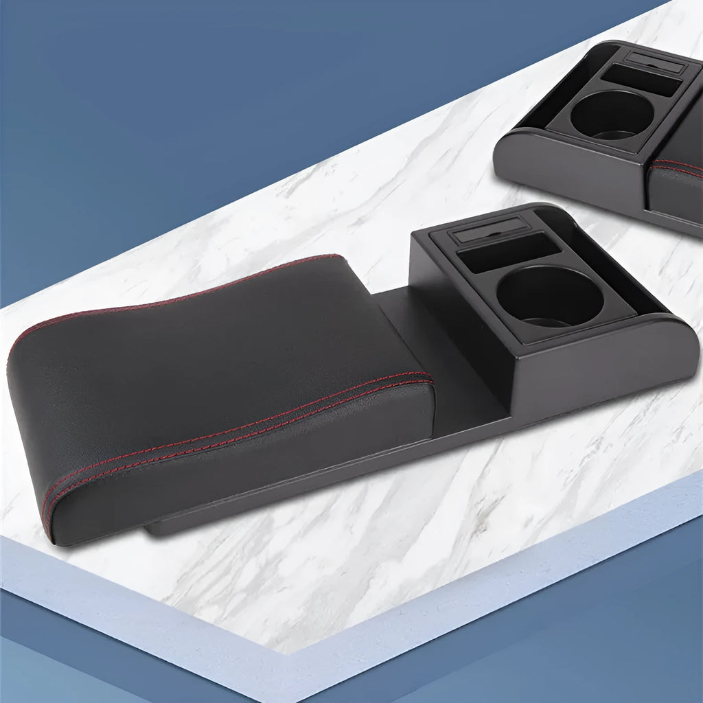Universal car centre console armrest cover with height increase in black PU leather with red cord detailing