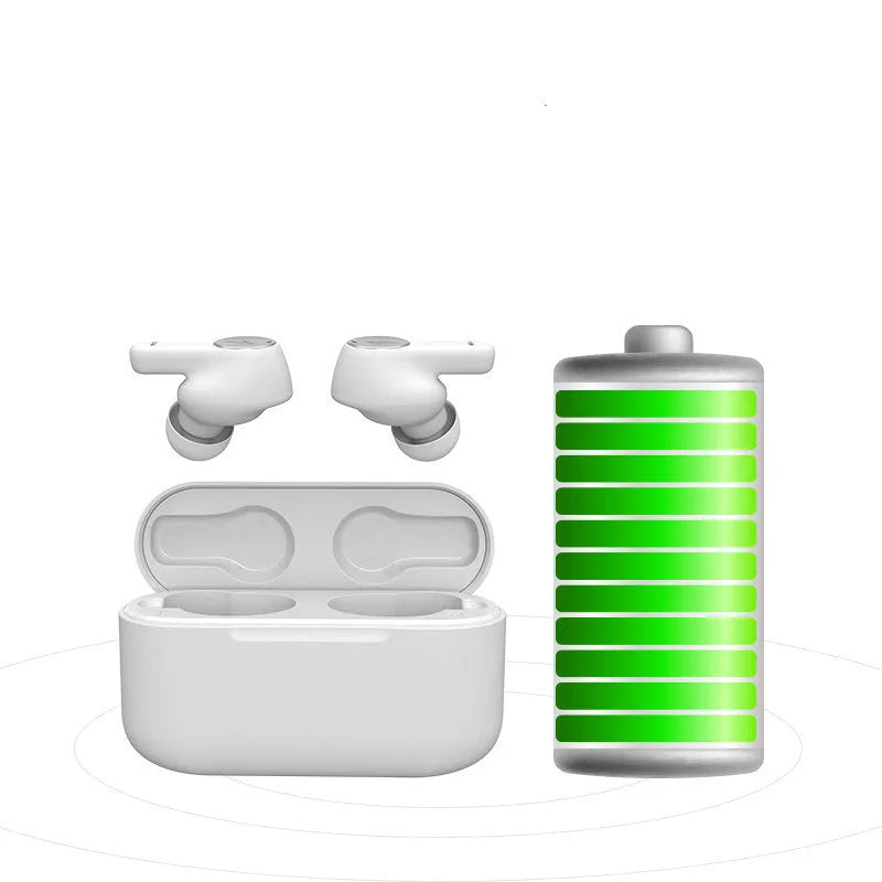 True wireless Bluetooth 5.0 in-ear earbuds in pearl white or black, sports waterproof, 10m transmission radius.
