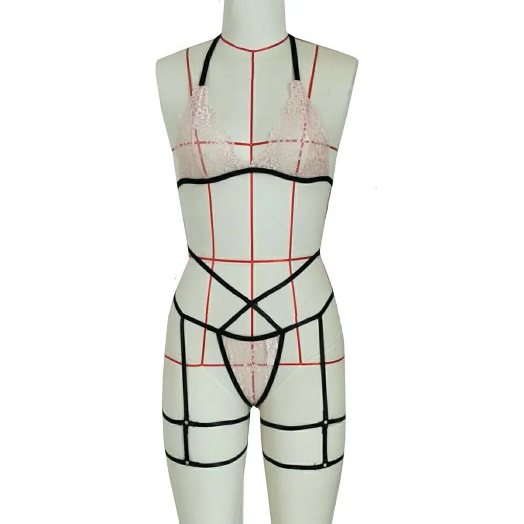 Pink lace hollow three-point lingerie set with leg straps, nylon fabric, side view on model