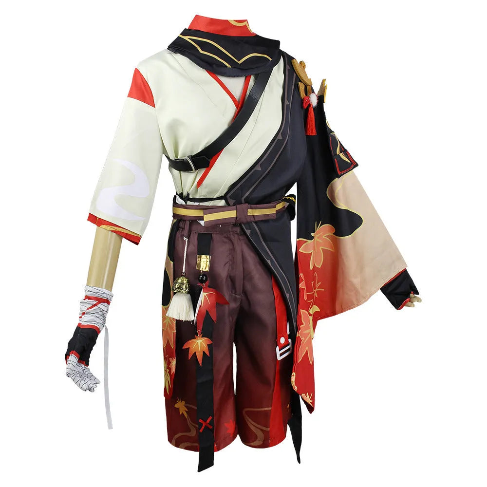 Halloween cosplay costume set with wig, coat, shorts, leggings, gloves, and accessories in cotton-polyester blend.