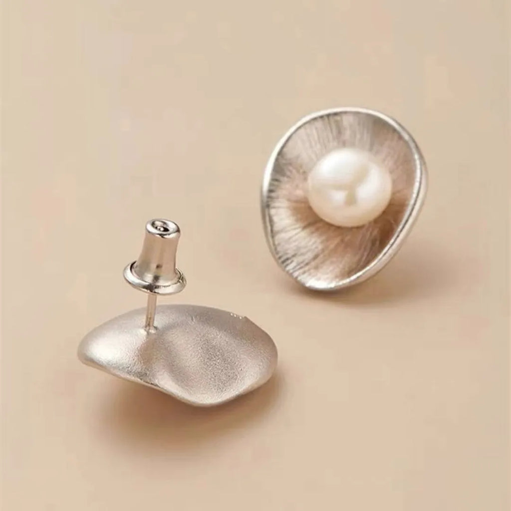 Pearl sterling silver geometric needle earrings with electroplated gold colour finish
