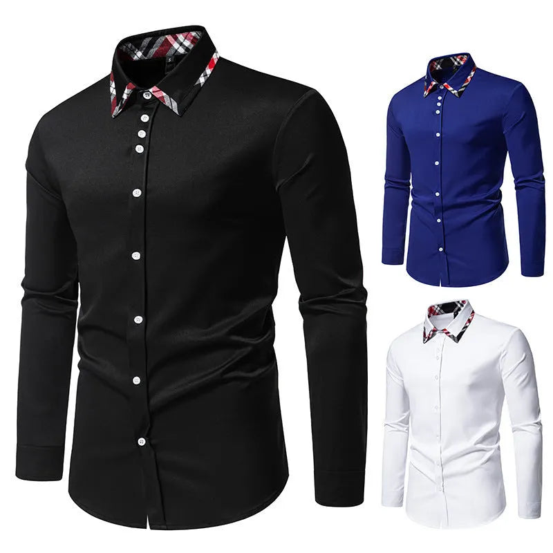 Men's blue plaid long sleeve shirt with a contrast triangle collar on a hanger.