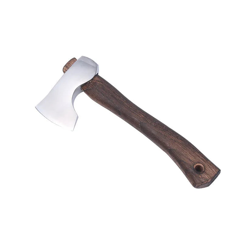 Camping axe with a high-carbon steel head and a wooden handle on a neutral background