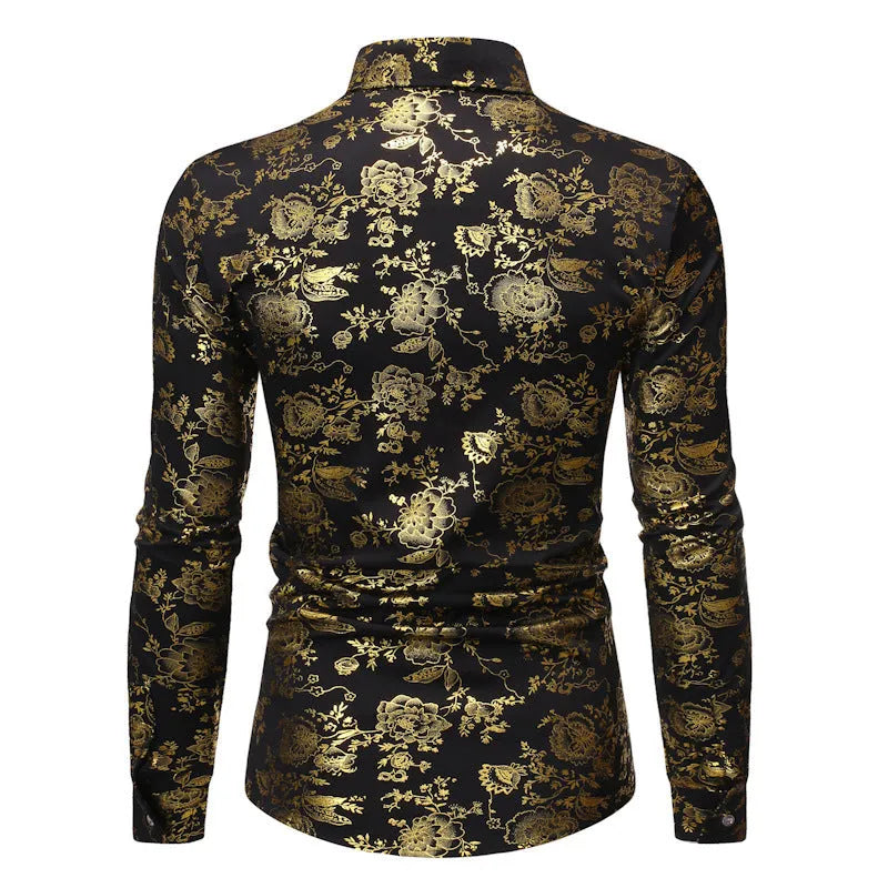 Man wearing a metal bronzing printed lapel shirt cardigan in wine red, showcasing the casual long sleeve design.