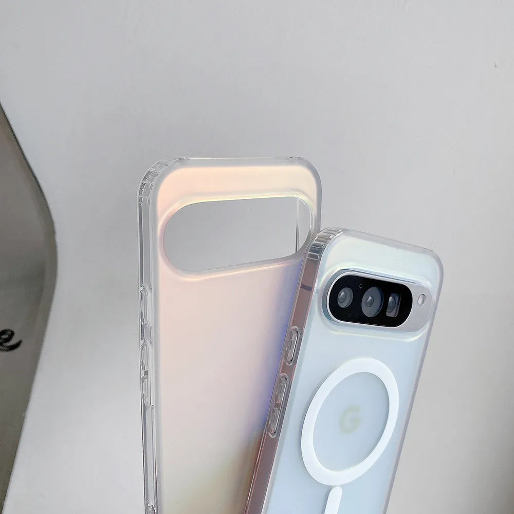 Colourful frosted laser matte magnetic phone case for Google Pixel models on a clear background