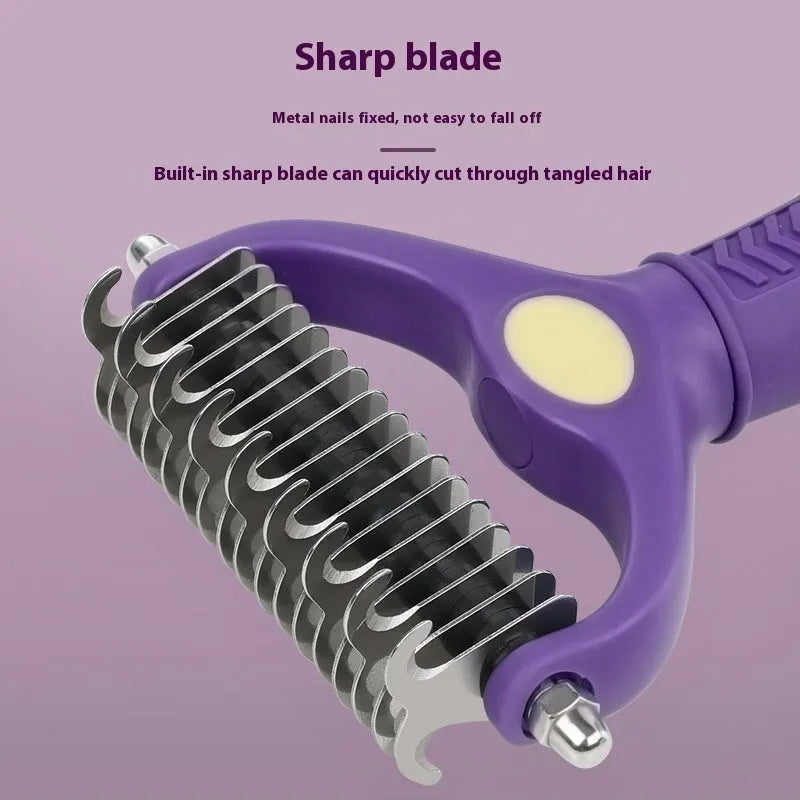 Purple plastic double-sided pet grooming comb for untangling knots on dogs and cats.