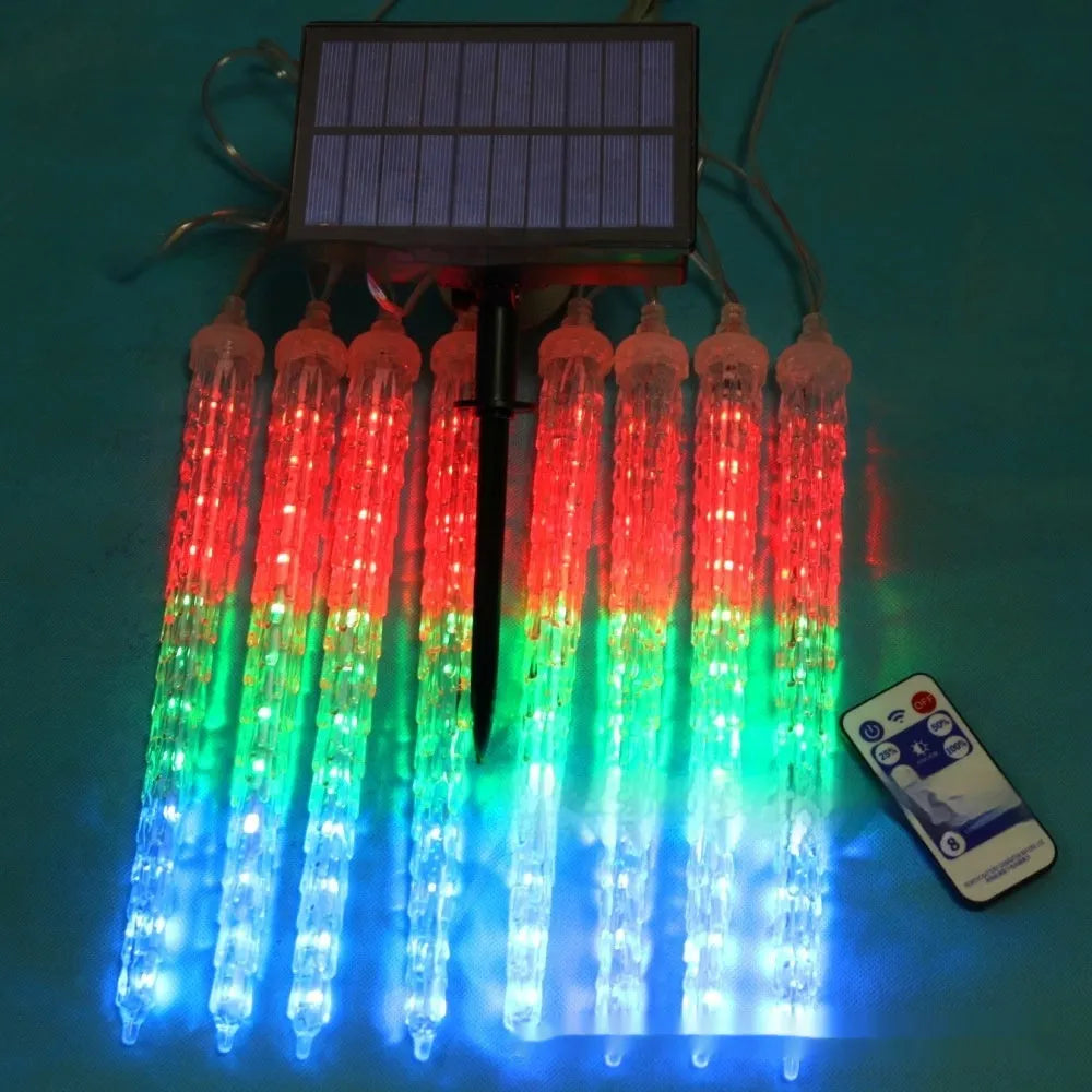 LED ice cone shaped meteor shower solar Christmas lamp with multiple 30cm stems in flower shape arrangement.